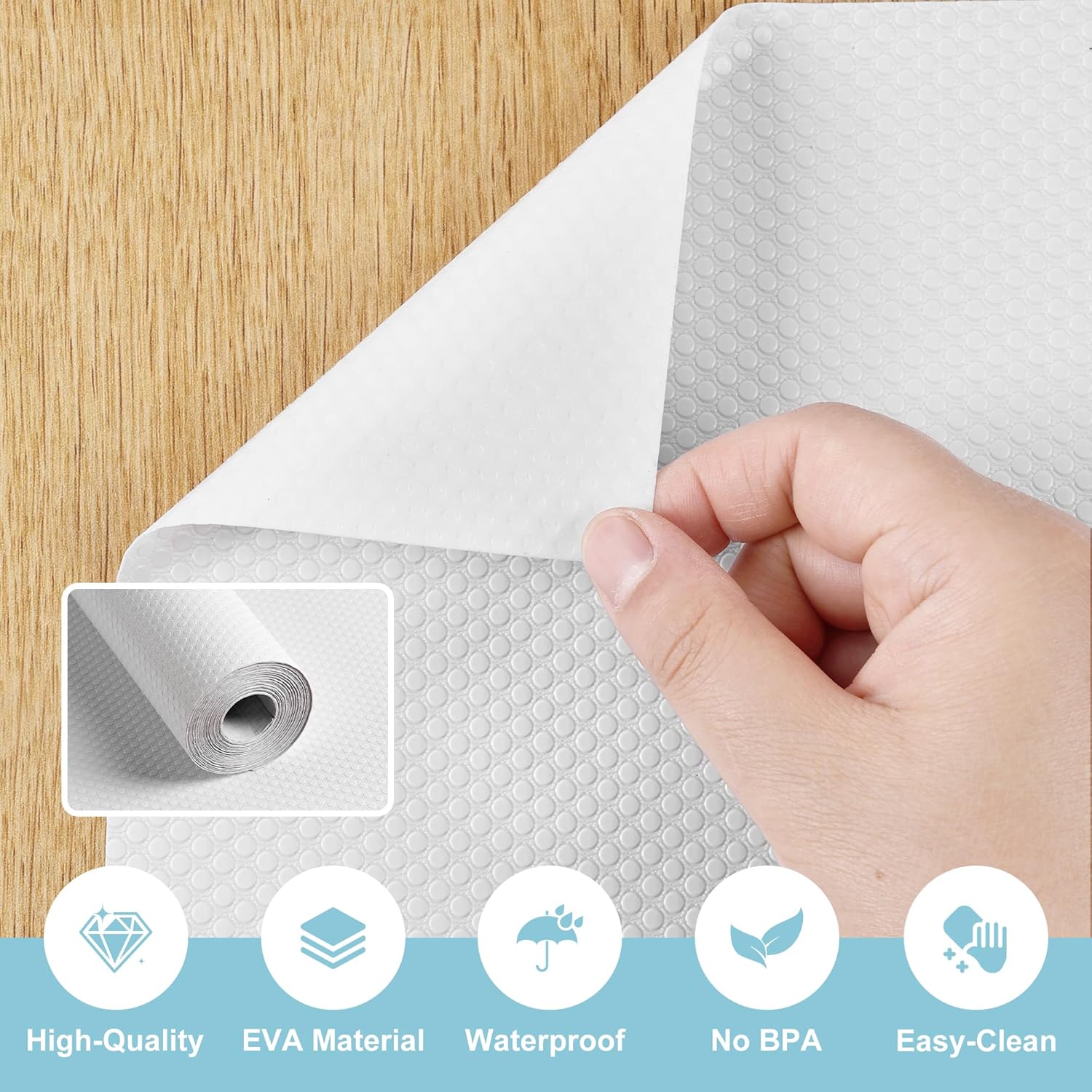 PABUSIOR Self-Adhesive Kitchen Cabinet Liner: 17.7 Inch x 145.5 Inch White Drawer Mat - Easy to Cut Waterproof Non-Slip Shelf Liner for Pantry Shelving