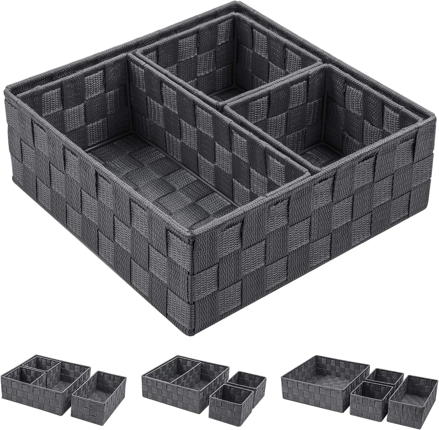 Posprica Woven Storage Baskets for Organizing, Small Baskets Cube Bin Container Tote Organizer Divider for Drawer, Closet, Shelf, Dresser, Set of 4(Dark Grey)