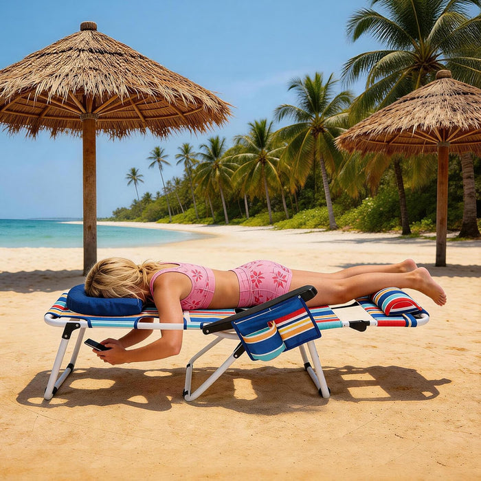 5 Position Folding Beach Chair with Face Hole, Portable Backpack Foldable Lounge Chair w/Headrest&Armrest,Heavy Duty Lay Flat Tanning Chair for Face Down Reading for Adult,440lb Capacity,Blue Stripes