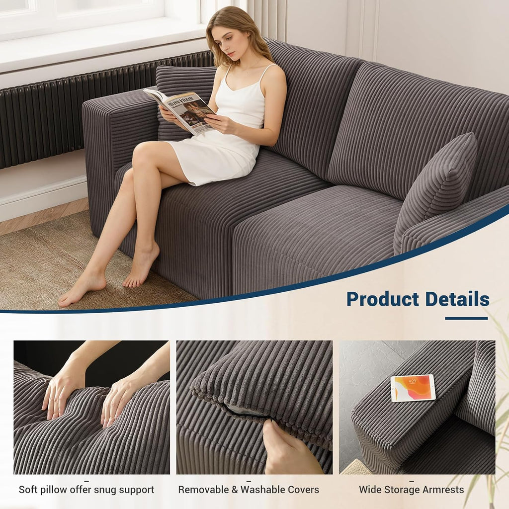 Modular Loveseat Couch Cloud Couches for Living Room - 79" Boneless Sofa - No Assembly Required, Cozy Corduroy Convertible Full Sponge Compression Sofas for House, Apartment(Grey)
