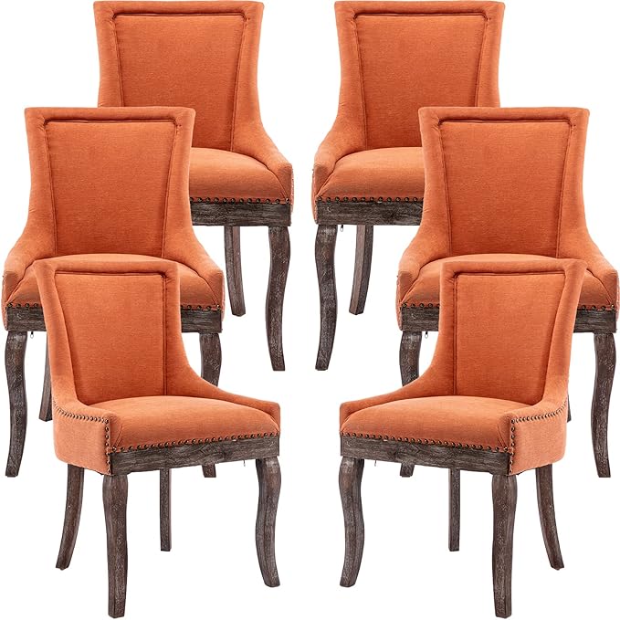 Dining Chairs Set of 6, Kitchen & Dining Room Chairs, Fabric Upholstered Dinning Chairs, Sillas De Comedor, Nailhead Trim, Wood Legs (Orange, 6 Pcs)
