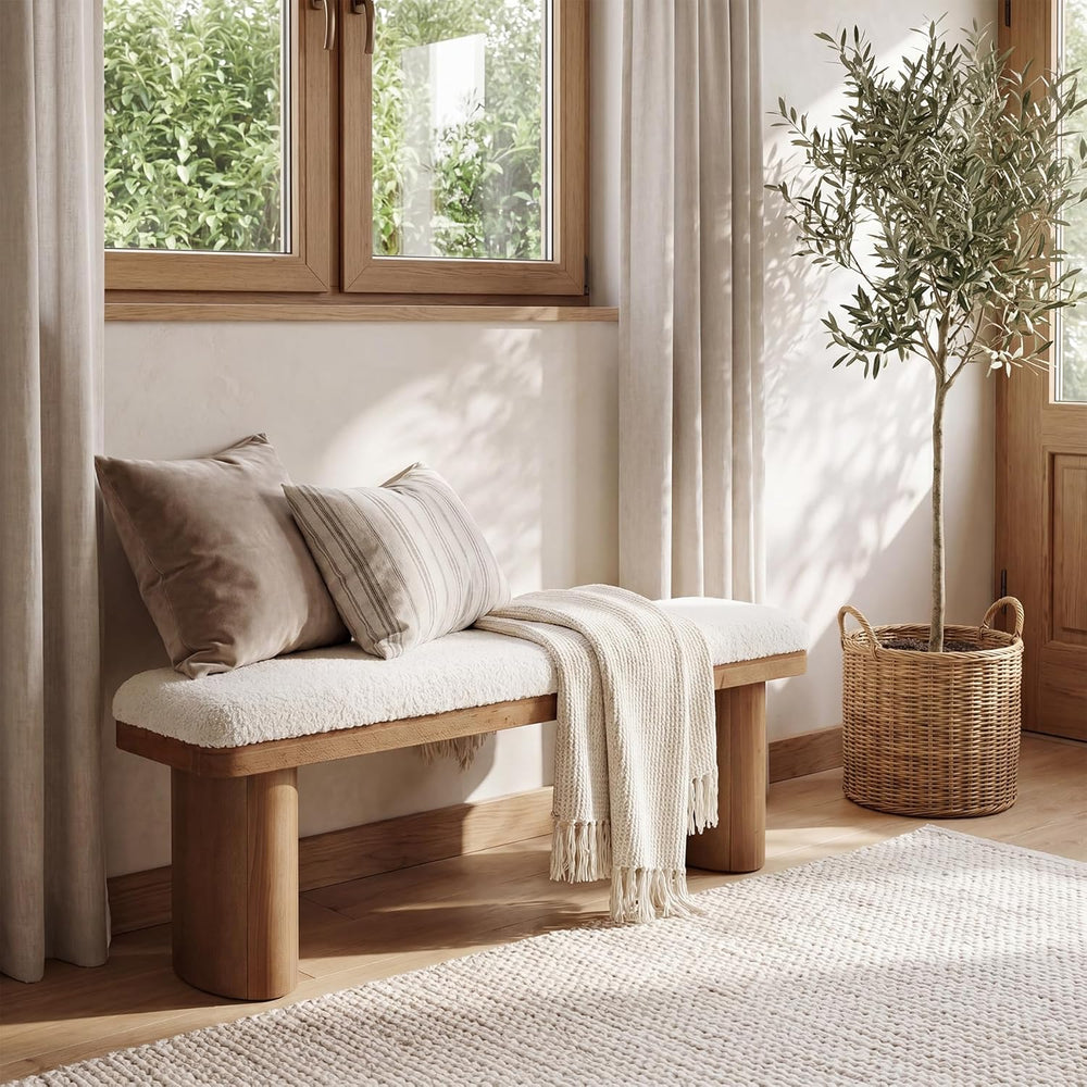 LITTLE TREE 47'' Boucle Upholstered Bench, Modern Solid Fir Entryway ...