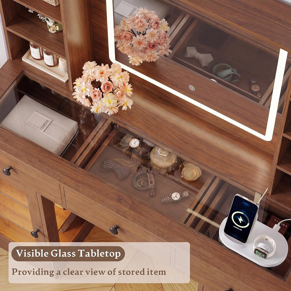 Xixini 43.4" Makeup Vanity Desk with LED Mirror, RGB Glass Cabinets, Wal...