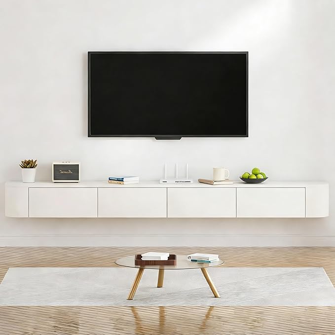 SHGJ&SOFT Floating TV Stand Wall Mounted Media Console with Door Entertainment Centerwith Storage Cabinets, Wall Mounted TV Shelf for Bedroom,Living Room (White, 78.7IN)
