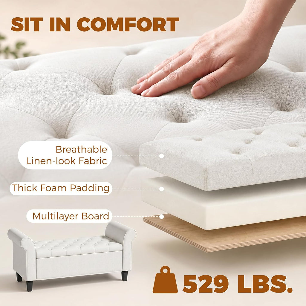 HOMCOM 47" Storage Ottoman End of Bed Bench with Rolled Arms Cream White | Long Ottoman with Storage Chest, Safety Hinge, Wooden Legs, Upholstered End of Bed Bench, Bedroom Entryway Living Room