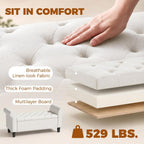HOMCOM 47" Storage Ottoman End of Bed Bench with Rolled Arms Cream White | Long Ottoman with Storage Chest, Safety Hinge, Wooden Legs, Upholstered End of Bed Bench, Bedroom Entryway Living Room