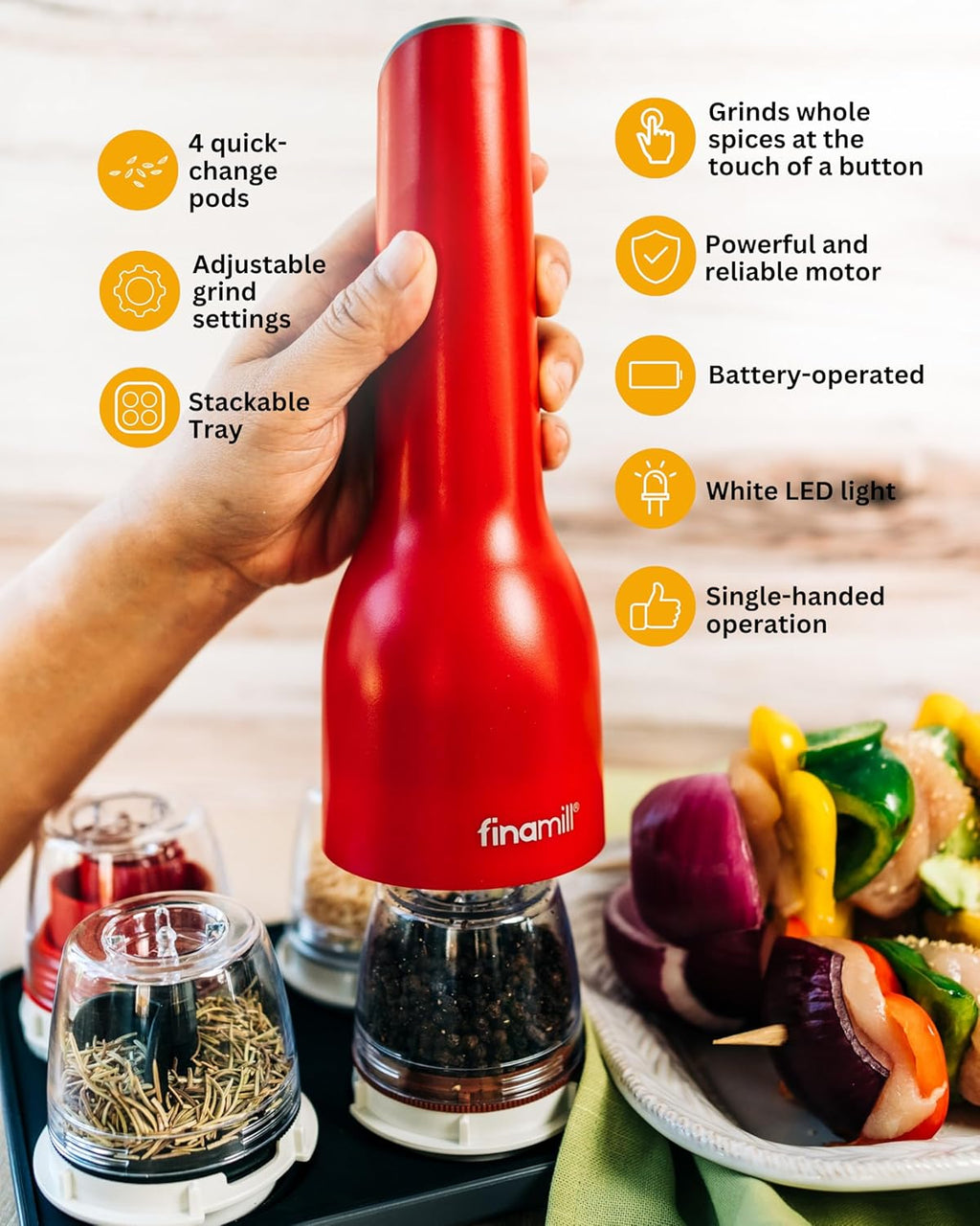 FinaMill Ultimate Gift Set – Battery Operated Spice Mill with 4 Interchangeable Spice Pods & Slate Quartet Stackable Tray, Adjustable Coarseness, Ceramic Grinder, LED Light, Kitchen Gifts for Women