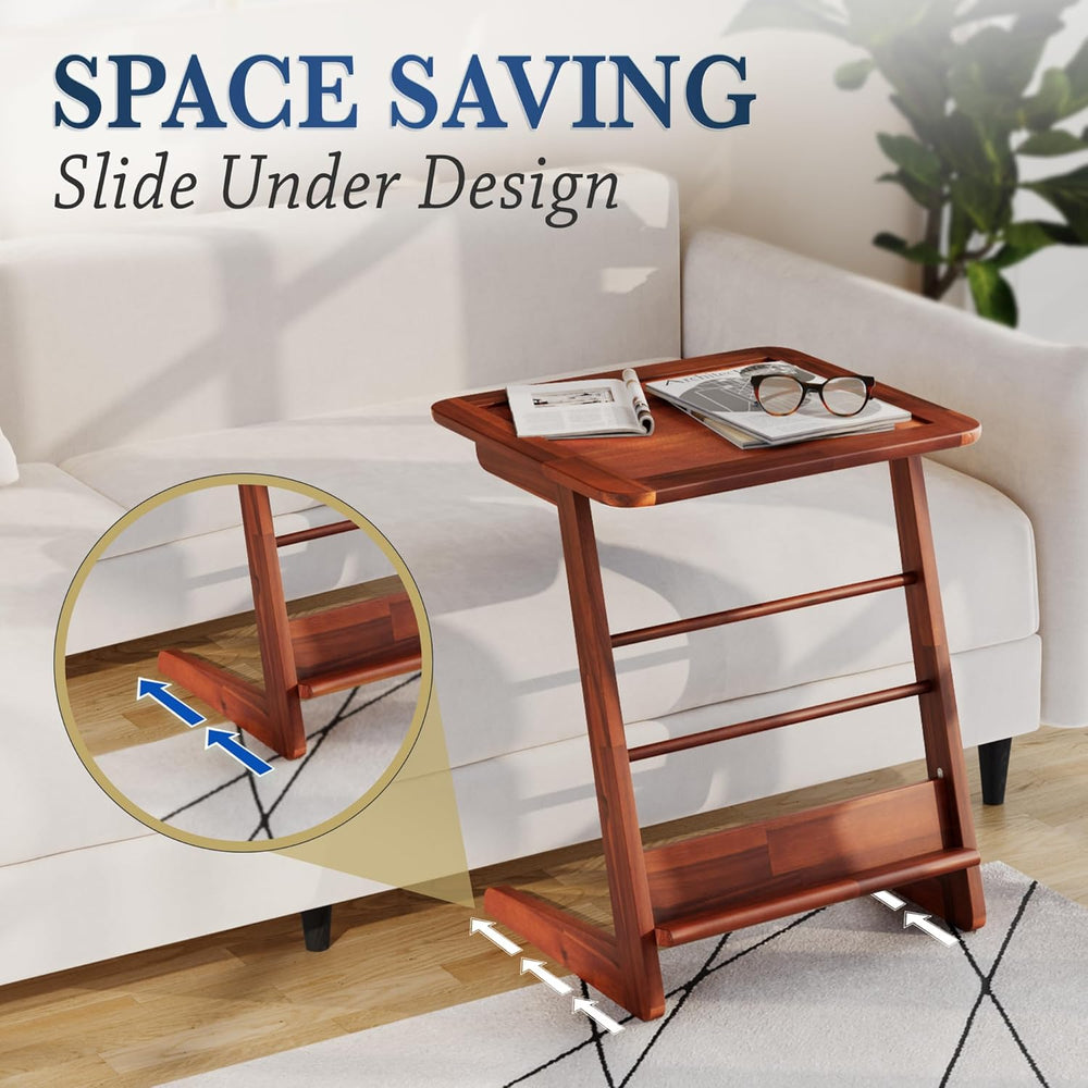 C-Shaped End Table for Couch, Acacia Wood Sofa Side Table & Nightstand wi...