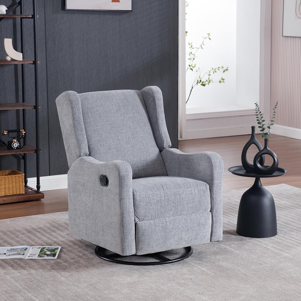 360° Swivel Glider Recliner, Soft Chenille Mid Century Modern Upholstered Ergonomic Rocker Comfy Wingback Accent with Curved Arm Sillas Reclining Chair Living Room Bedroom Lounge Reading Nursery Grey