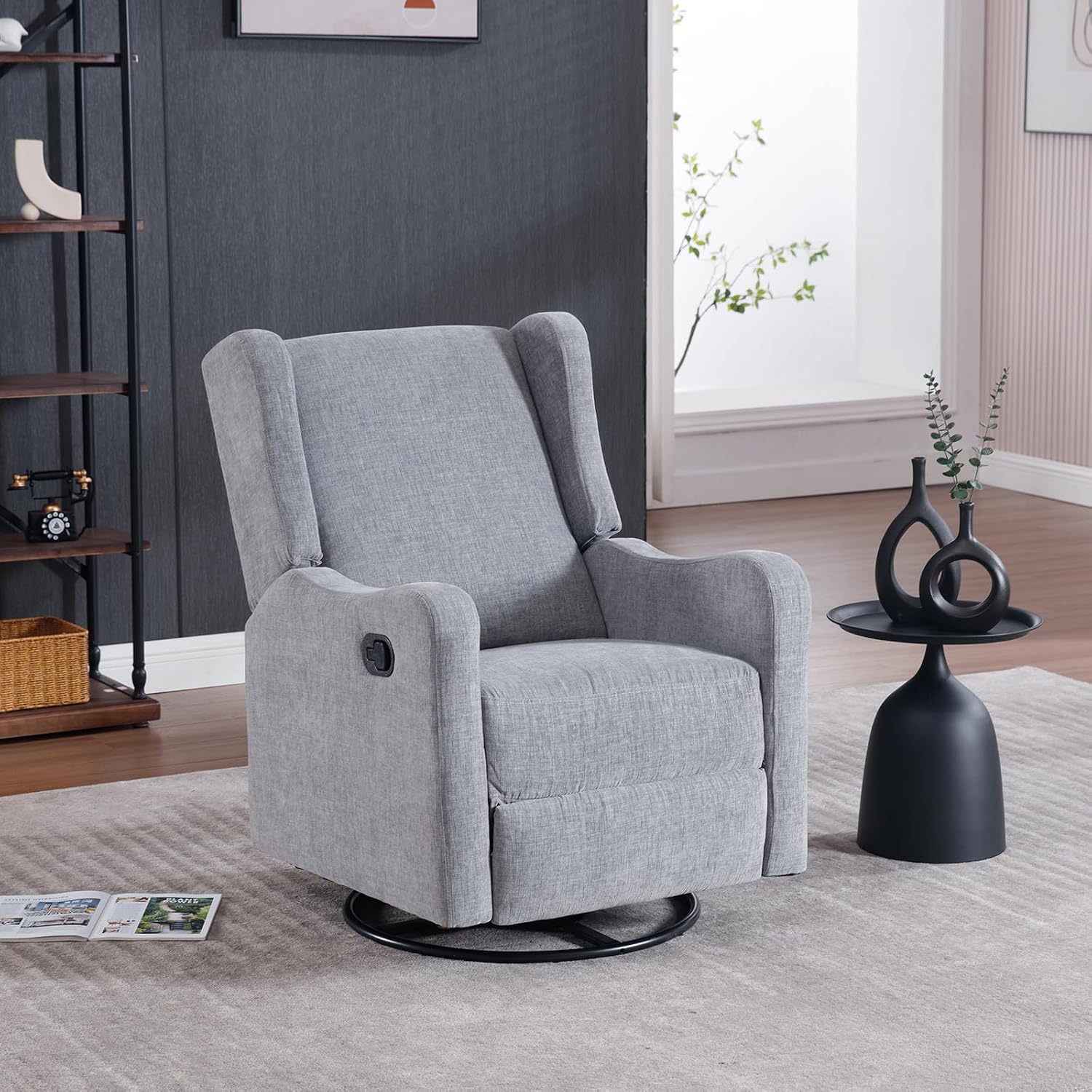 360° Swivel Glider Recliner, Soft Chenille Mid Century Modern Upholstered Ergonomic Rocker Comfy Wingback Accent with Curved Arm Sillas Reclining Chair Living Room Bedroom Lounge Reading Nursery Grey