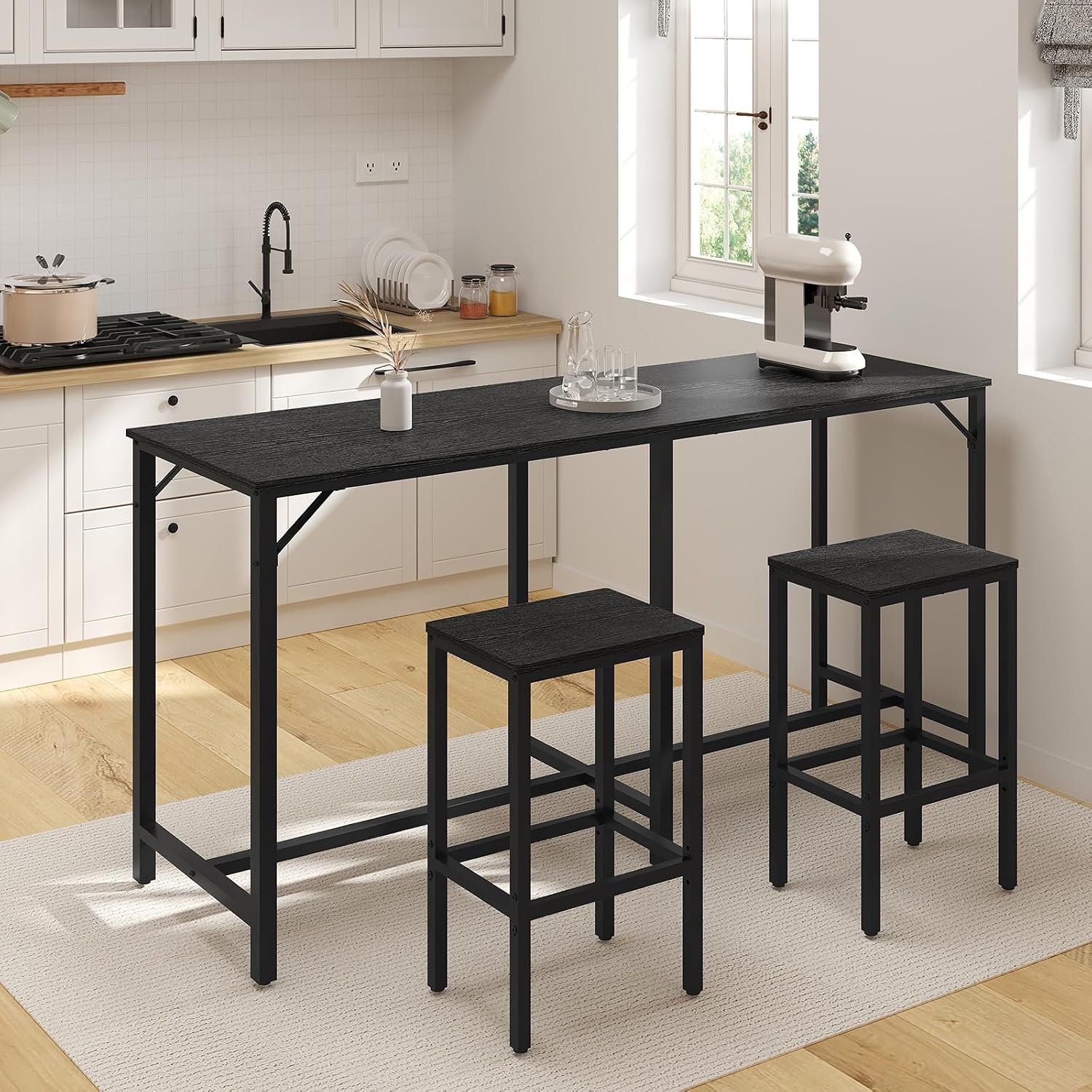 YATINEY 70.9" Bar Table and Chairs Set, Dining Table and Chair Sets, 3 Piece Counter Height Table and 2 Stools, Kitchen Table for Home Restaurant, Bar, Black BT09BB