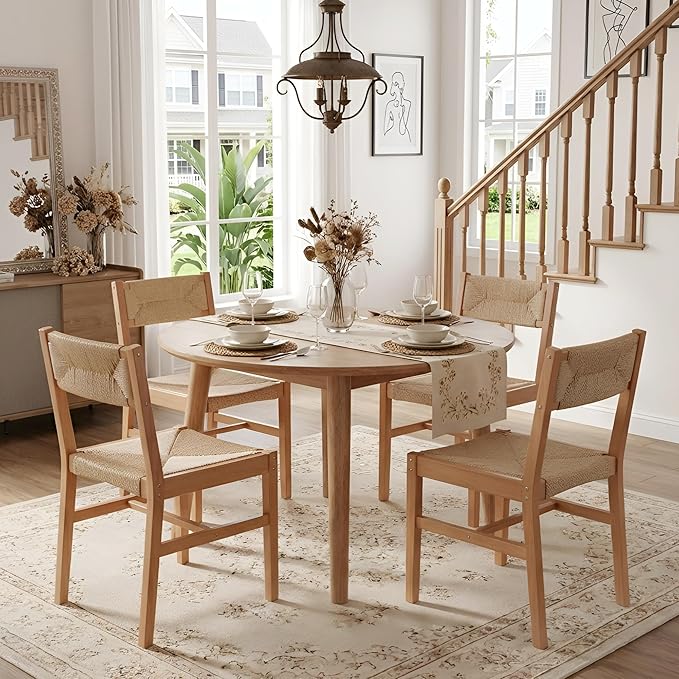 Mid Century Modern Rattan Dining Chairs Set of 4, Farmhouse Natural Beechwood Woven Dining Room Chairs, Boho Armless Cane Kitchen Wicker Chair Wooden Dining Chairs with Weave Hemp Seat and Back