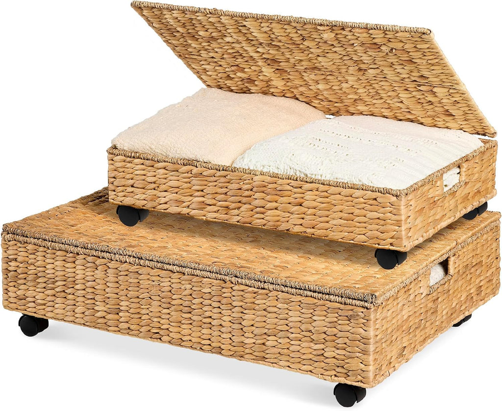 Best Choice Products Under Bed Storage Containers W/Lid, Wheels and Handles, 2-Pack Large Handwoven Water Hyacinth Closet Organizer, Shoe Storage Bins, Multi-Purpose Nesting Baskets - Natural