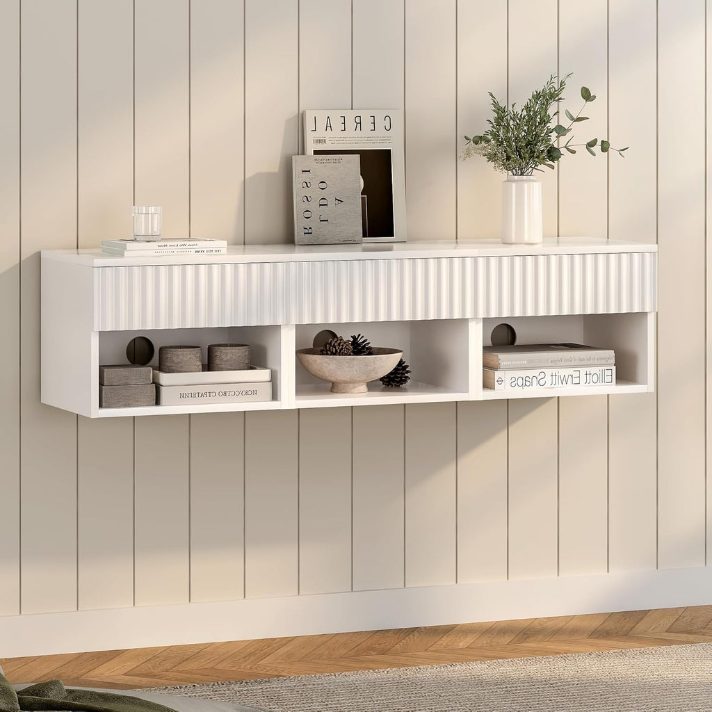 Floating TV Stands Set of 4 with Drawer and Open Shelf, Small Wall Mounted Bedside End Table, Modern Fluted Night Stand for Bedroom, Living Room, White