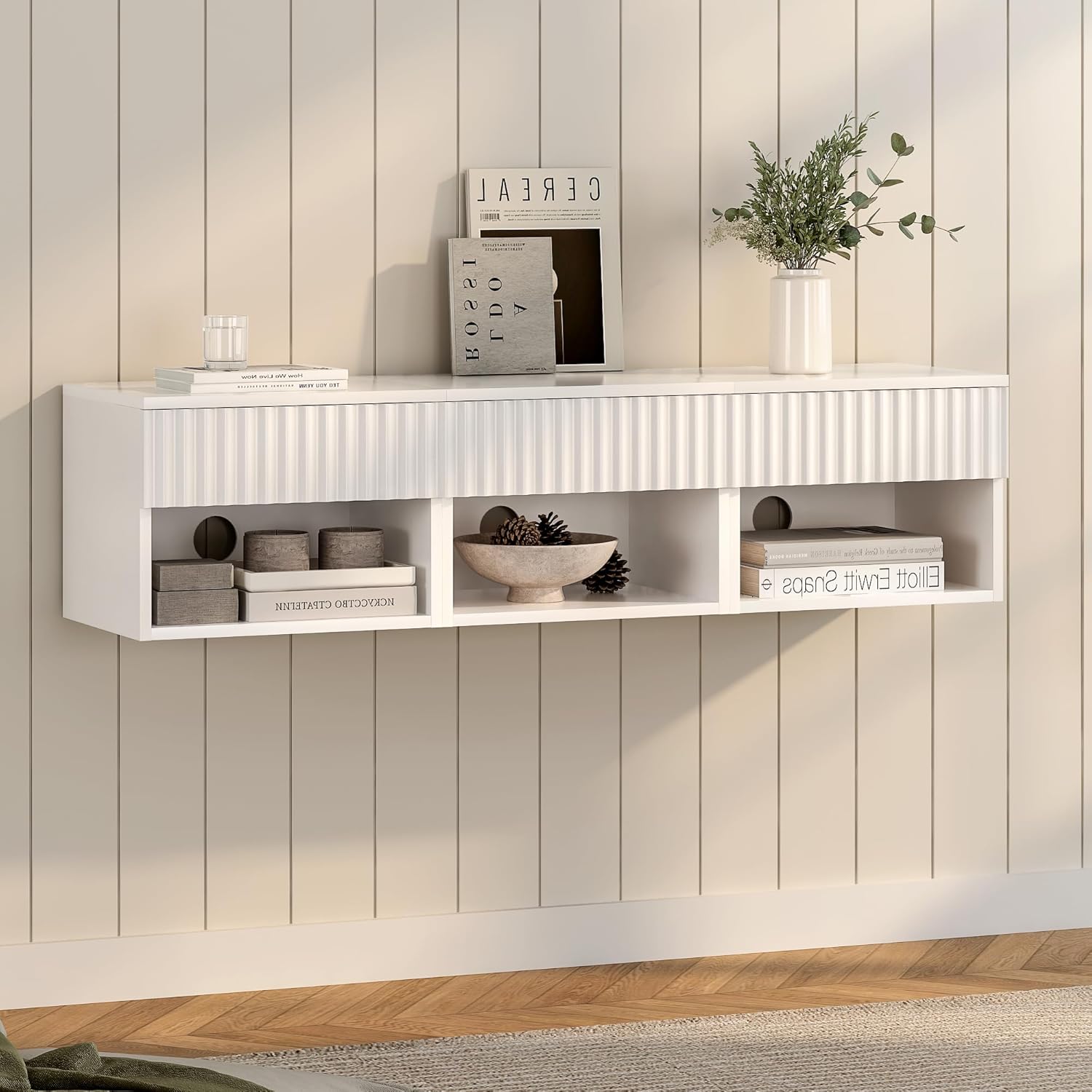 Floating Nightstands Set of 3 with Drawer and Open Shelf, Small Wall Mounted Bedside End Table, Modern Fluted Night Stand for Bedroom, Living Room, White