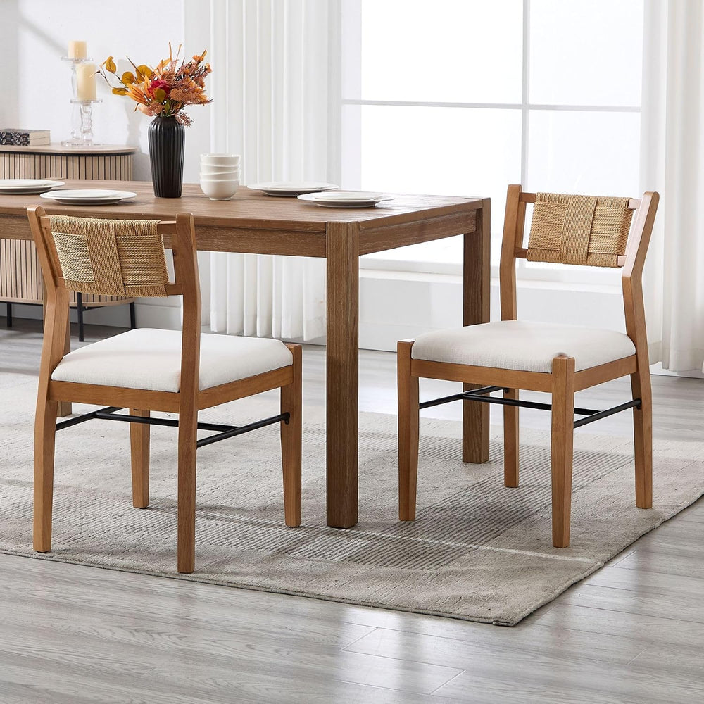 BESTANO Modern Armless Dining Chairs with Rope Woven Back Set of 2, Beige Lin...