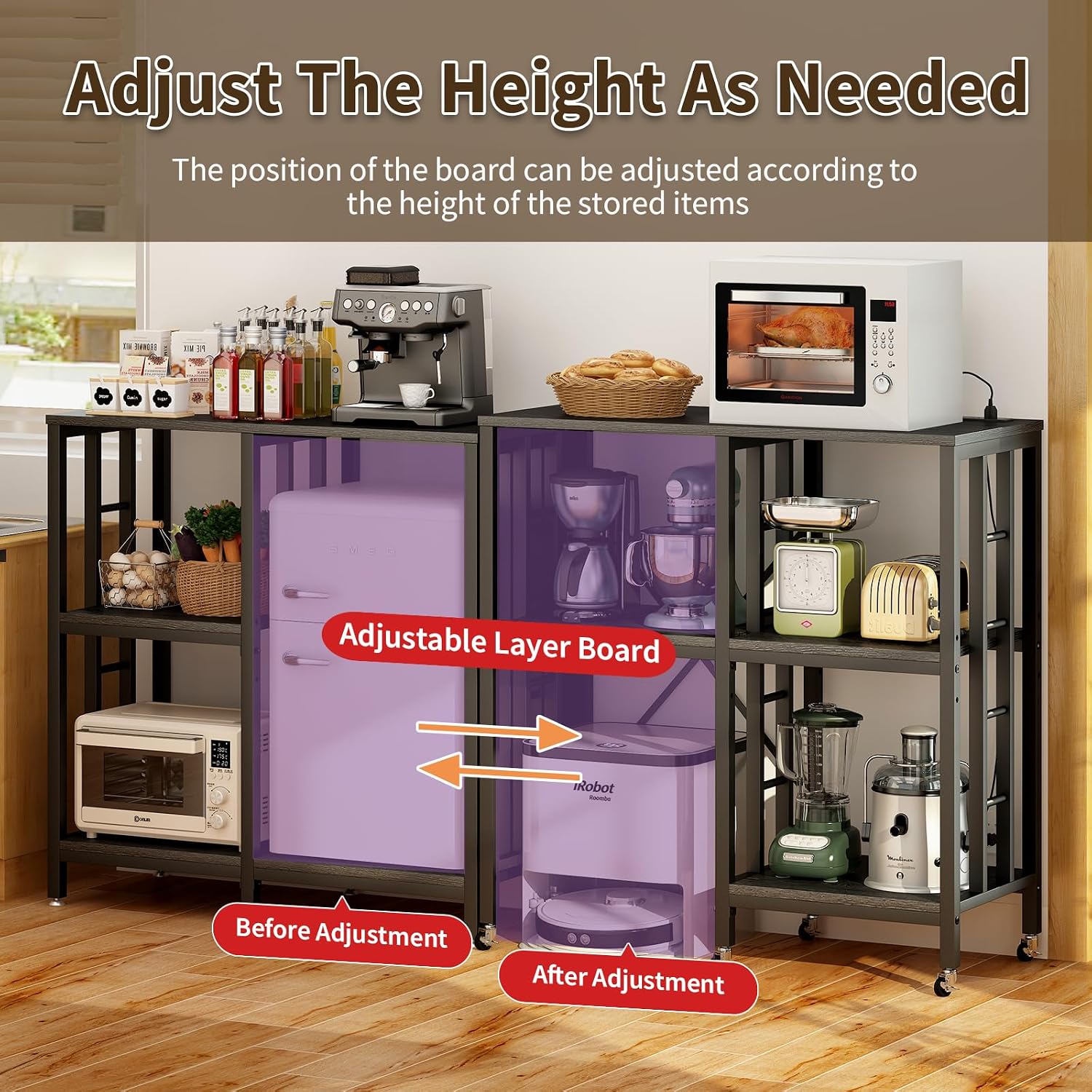METYERRY Adjustable Kitchen Bakers Rack with Power Outlet,4-Tier Microwave Stand Kitchen Cart,Mini Fridge Stand with Storage,Bar Cabinet,Suitable for Office,Coffee Bar,Living Room,Patio, Black