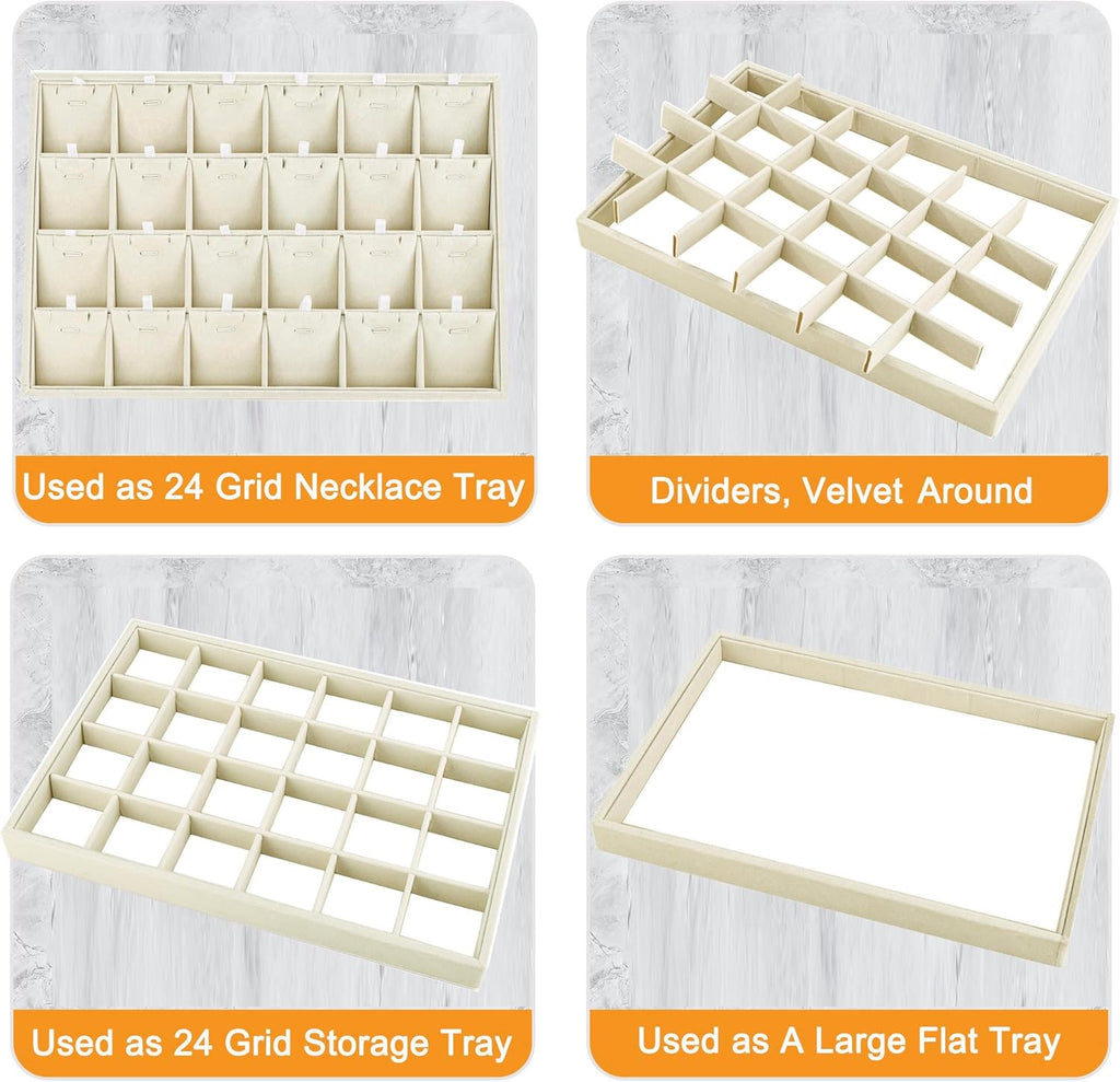 Mornajina 24 Grids Stackable Jewelry Tray Organizer with Removable Dividers, Velvet Jewelry Display Tray for Earrings Necklaces Bracelet Rings Display Showcase - Light Khaki