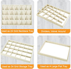 Mornajina 24 Grids Stackable Jewelry Tray Organizer with Removable Dividers, Velvet Jewelry Display Tray for Earrings Necklaces Bracelet Rings Display Showcase - Light Khaki