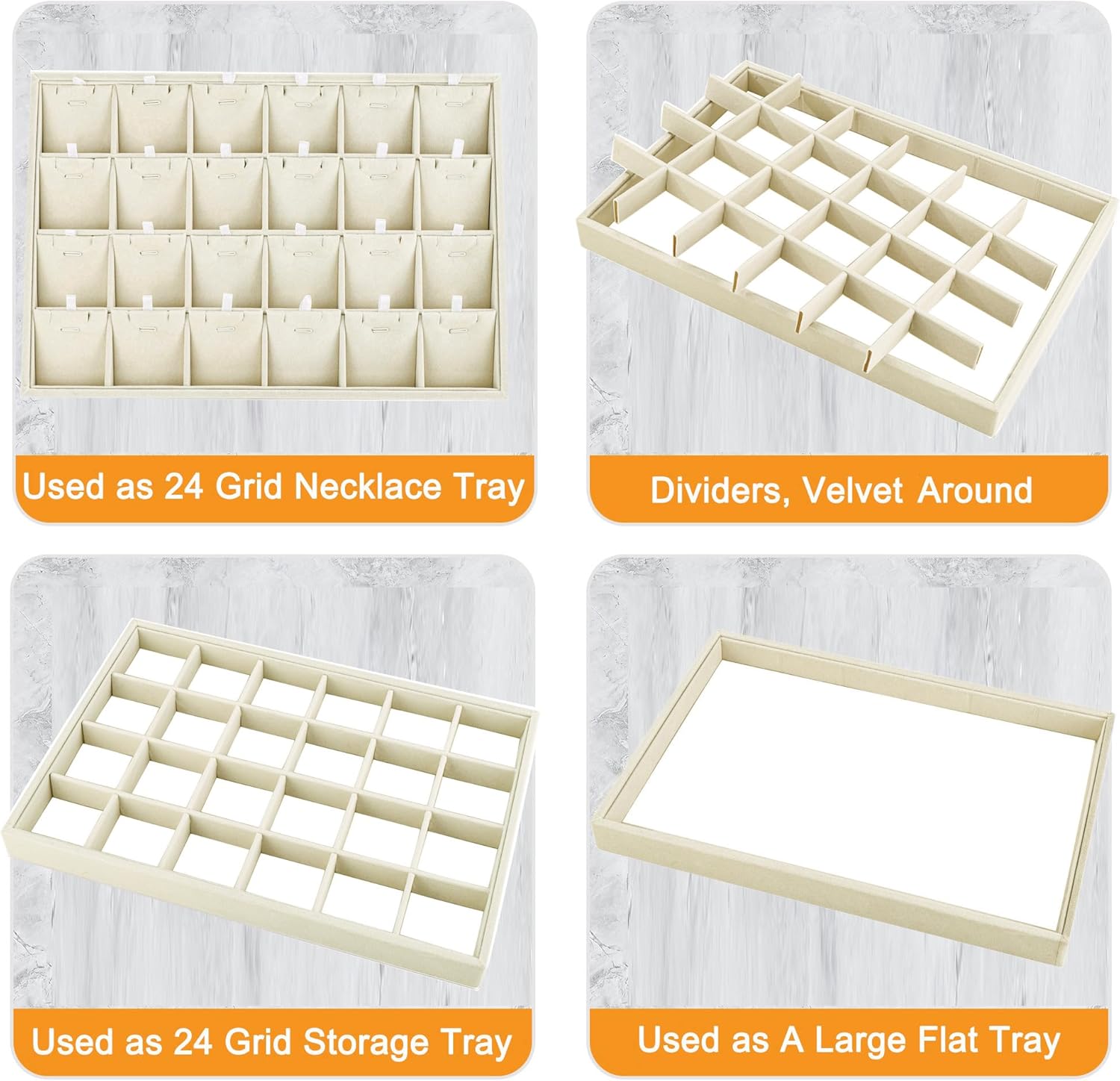 Mornajina 24 Grids Stackable Jewelry Tray Organizer with Removable Dividers, Velvet Jewelry Display Tray for Earrings Necklaces Bracelet Rings Display Showcase - Light Khaki
