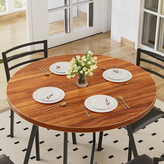 VECELO Round Dining Table Set for 4, Wood Tabletop & Heavy-Duty Steel Frame, 5-Piece Dinette with Chairs for Kitchen, Breakfast Nook, Walnut & Black