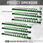 ALOANES 6-Piece Magnetic Socket Organizer, Heavy Duty Aluminum Socket Rails Organizer, 360° Swivel Clips Socket Holder Kit for Tool Box, 1/2, 3/8, 1/4-Inch Socket Holder x 80 Clips (Green)
