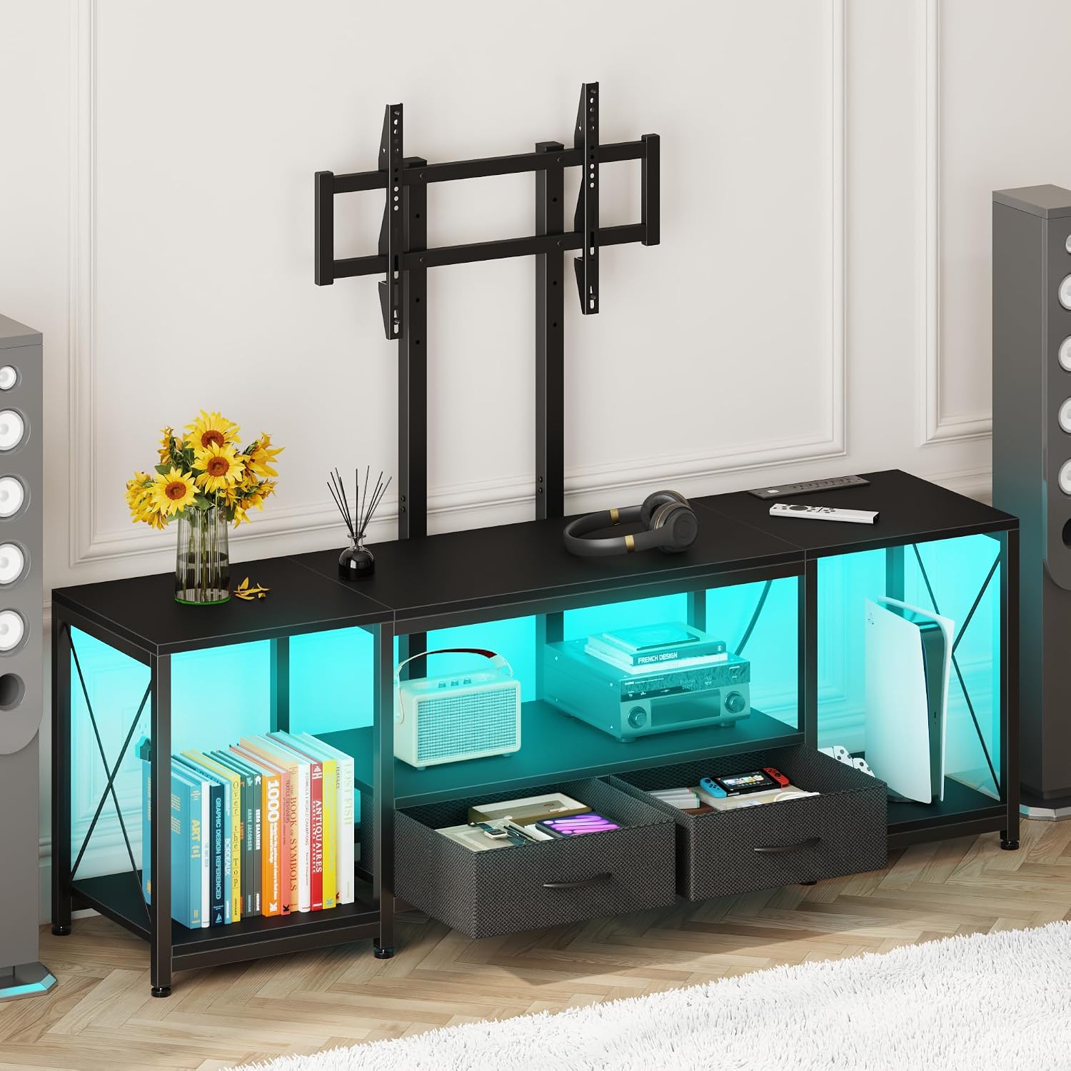 GYIIYUO LED TV Stand with Mount and Power Outlet & Fabric Drawers for 32-85 Inches TV - Entertainment Center and Industrial TV Console Table for Living Room, Bedroom- 47.5" Black