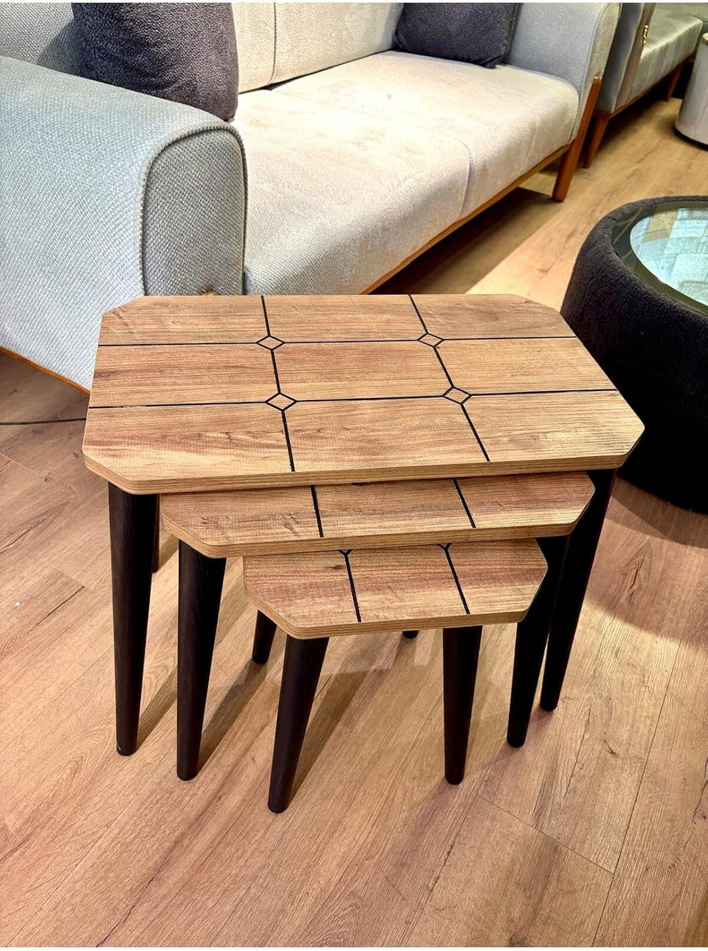3-Piece Nesting Side Table Set Antique Pine Wood Modern Style Rectangular Top...