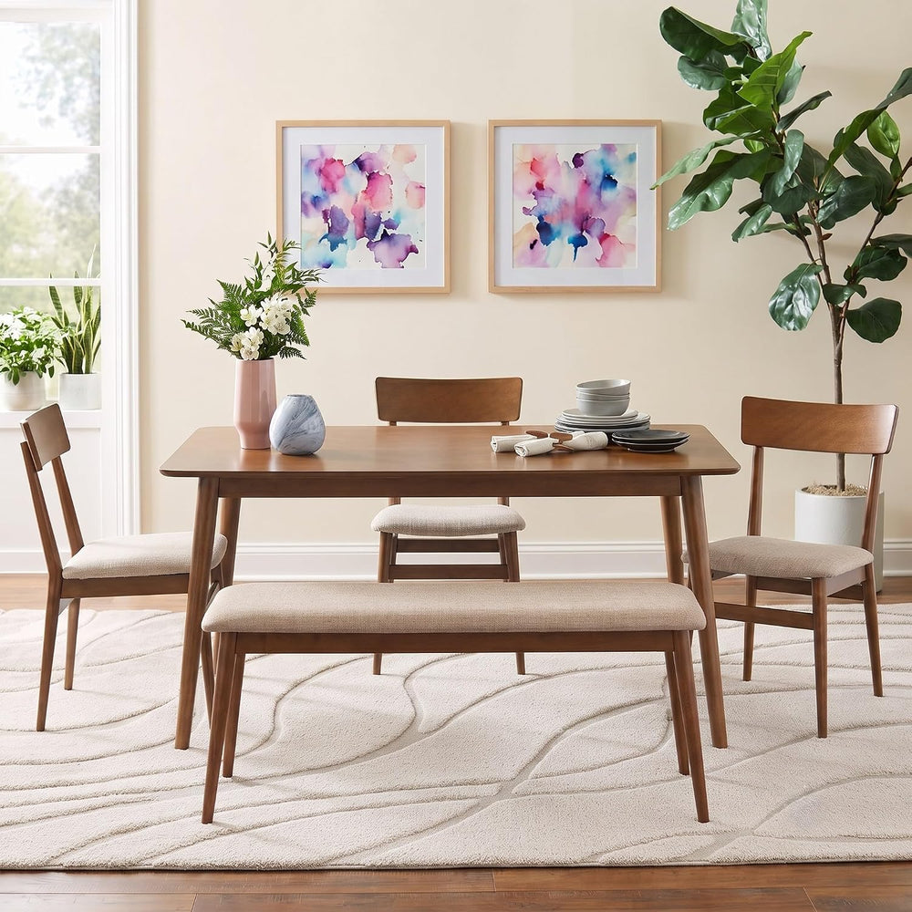 Newburg Mid-Century Modern Dining Bench, Mocha/Walnut | Upholstered Seat, Moc...
