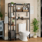 Over The Toilet Storage with Side Rack, 7-Tier Bathroom Organizer with Adjustable Shelf & Drain Basket & 4 Hooks, Freestanding Space Saver for Balcony, Laundry (Vintage Brown)