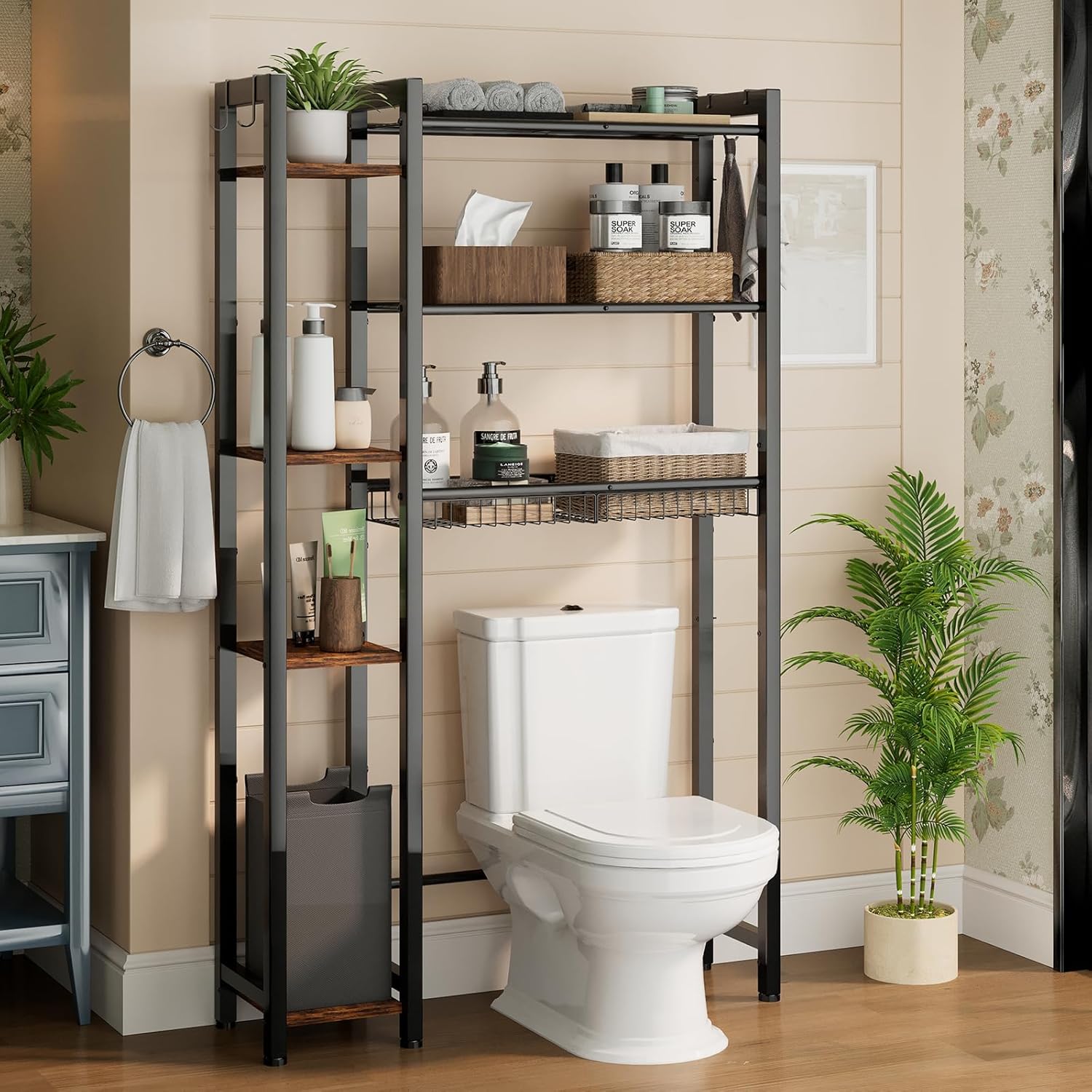 Over The Toilet Storage with Side Rack, 7-Tier Bathroom Organizer with Adjustable Shelf & Drain Basket & 4 Hooks, Freestanding Space Saver for Balcony, Laundry (Vintage Brown)