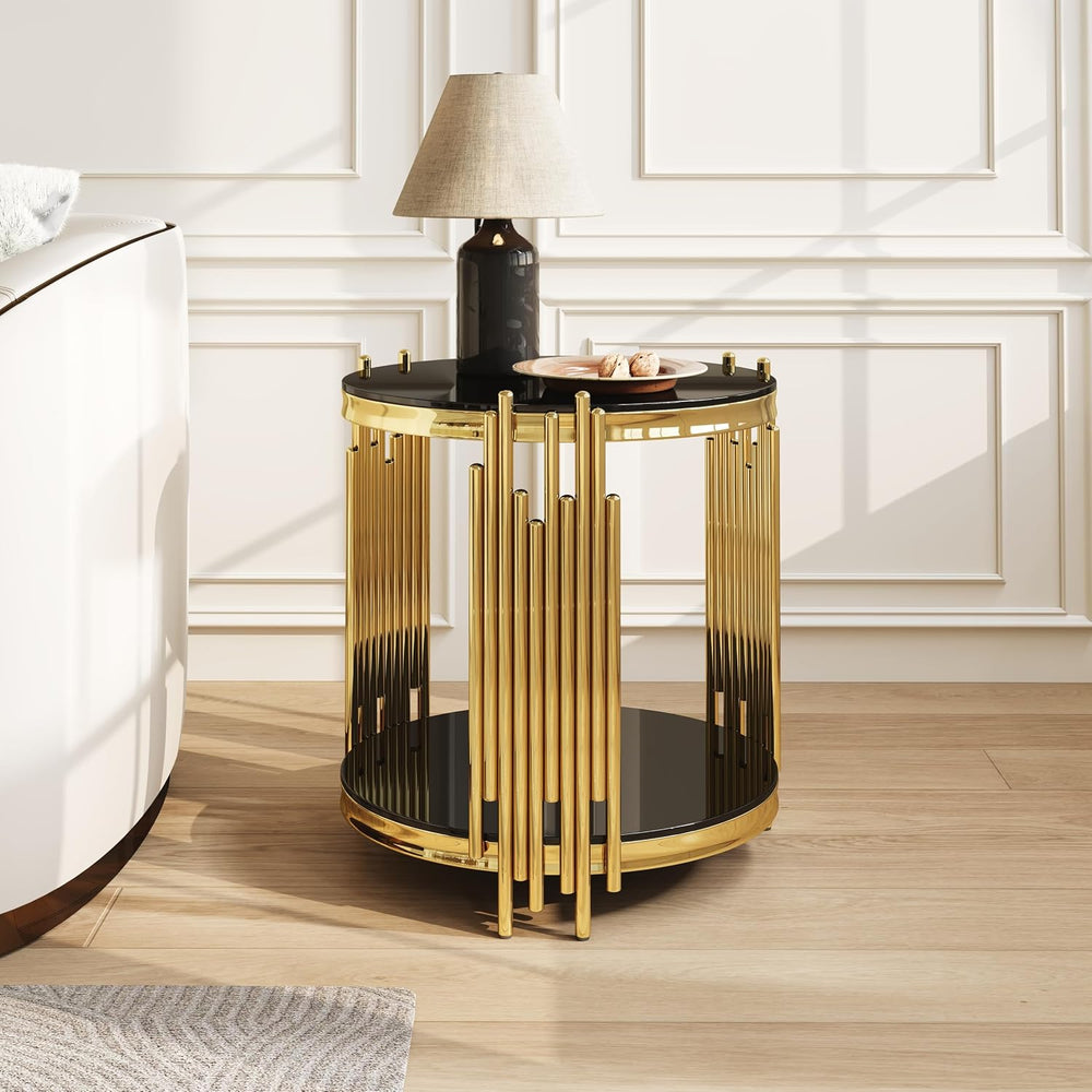 Modern End Table with Black Glass Top,Oval End Tables with Gold Legs,Living R...