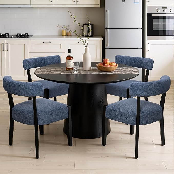 Modern Dining Chairs Set of 4, Upholstered Kitchen & Dining Room Chairs, Mid Century Modern Wooden Dining Chairs Oversized Sturdy Fabric Rounded Chairs Curved Back, Blue