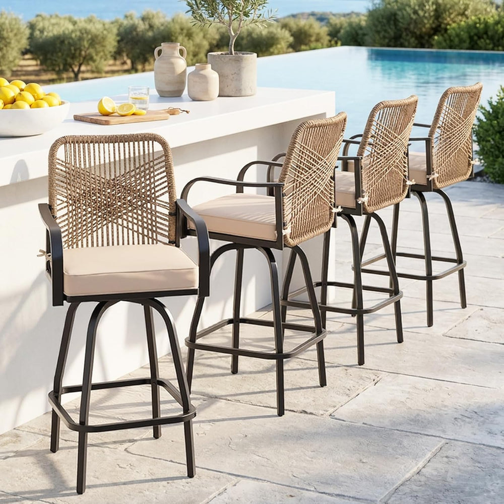 Outdoor Wicker Bar Stools Set of 4 Patio Swivel Chair Khaki
