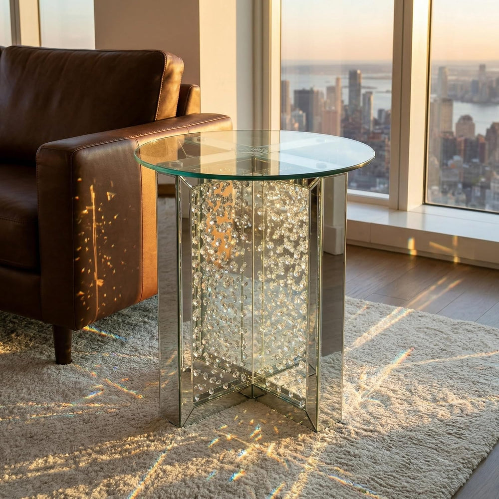 Nysa Modern 21" Round Mirrored End Table with Faux Crystal Inlay, Glam X...