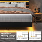 Feonase Floating Bed Frame Queen Size with Led Lights and Charging Station, Wood Queen Bed Frame with Storage Headboard, Heavy Duty Metal Slats, No Box Spring Needed, Easy Assembly, Black