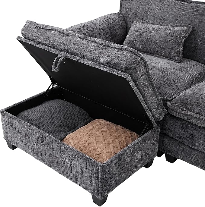 Ball & Cast 109" Oversized Sectional Sofa,Comfy Cloud Couch W/Movable Storage Ottoman,L Shaped Sectional Sofa W/USB Charging Port,Phone Holder&Side Pocke,Chenille Fabric,for Living Room,Gray