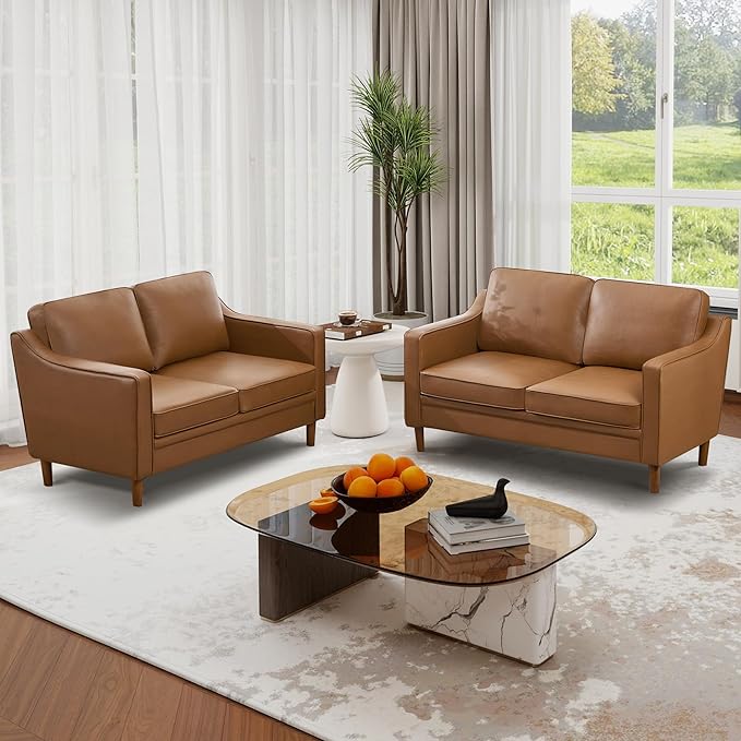 Kingfun 56" Faux Leather Sofa, Loveseat Couch, Mid Century Modern Love Seat Couches with Solid Wood Frame for Living Room & Bedroom, Brown