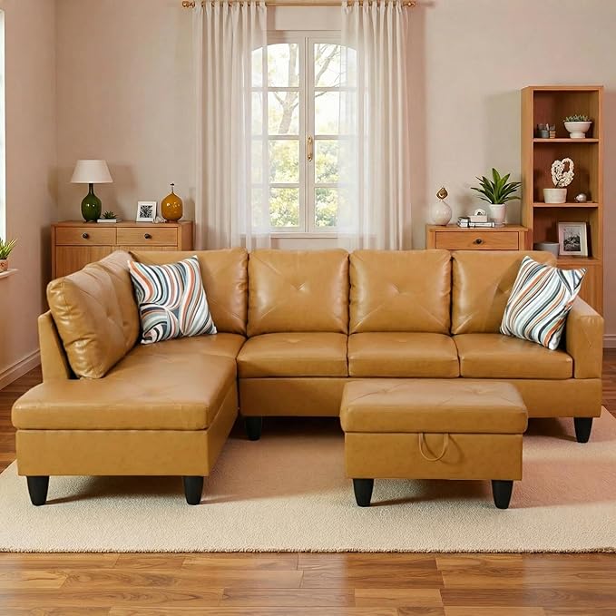 3-Piece L-Shaped Modular Leather Sofa – Convertible Sectional Couch with Movable Chaise & Storage Ottoman, Multi-Scene Use for Living Room, Apartment & Office, Ginger Yellow