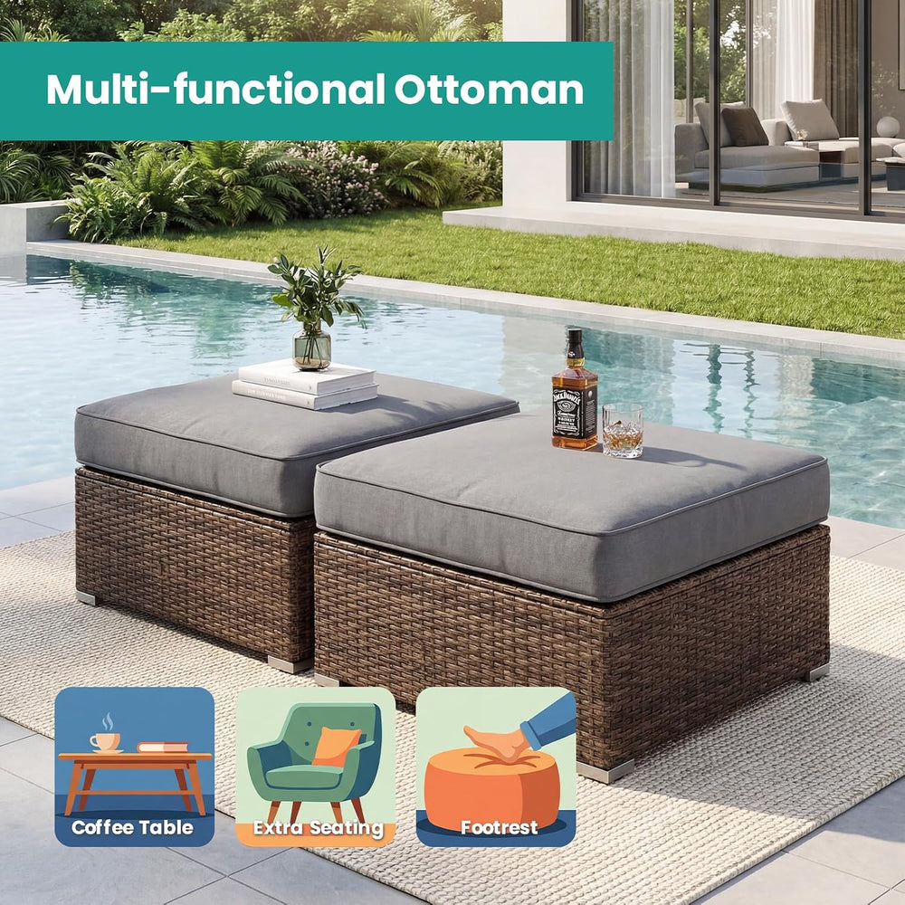 SUNBURY 2 Piece Outdoor Wicker Patio Ottoman Set, 30" Large Square Footr...