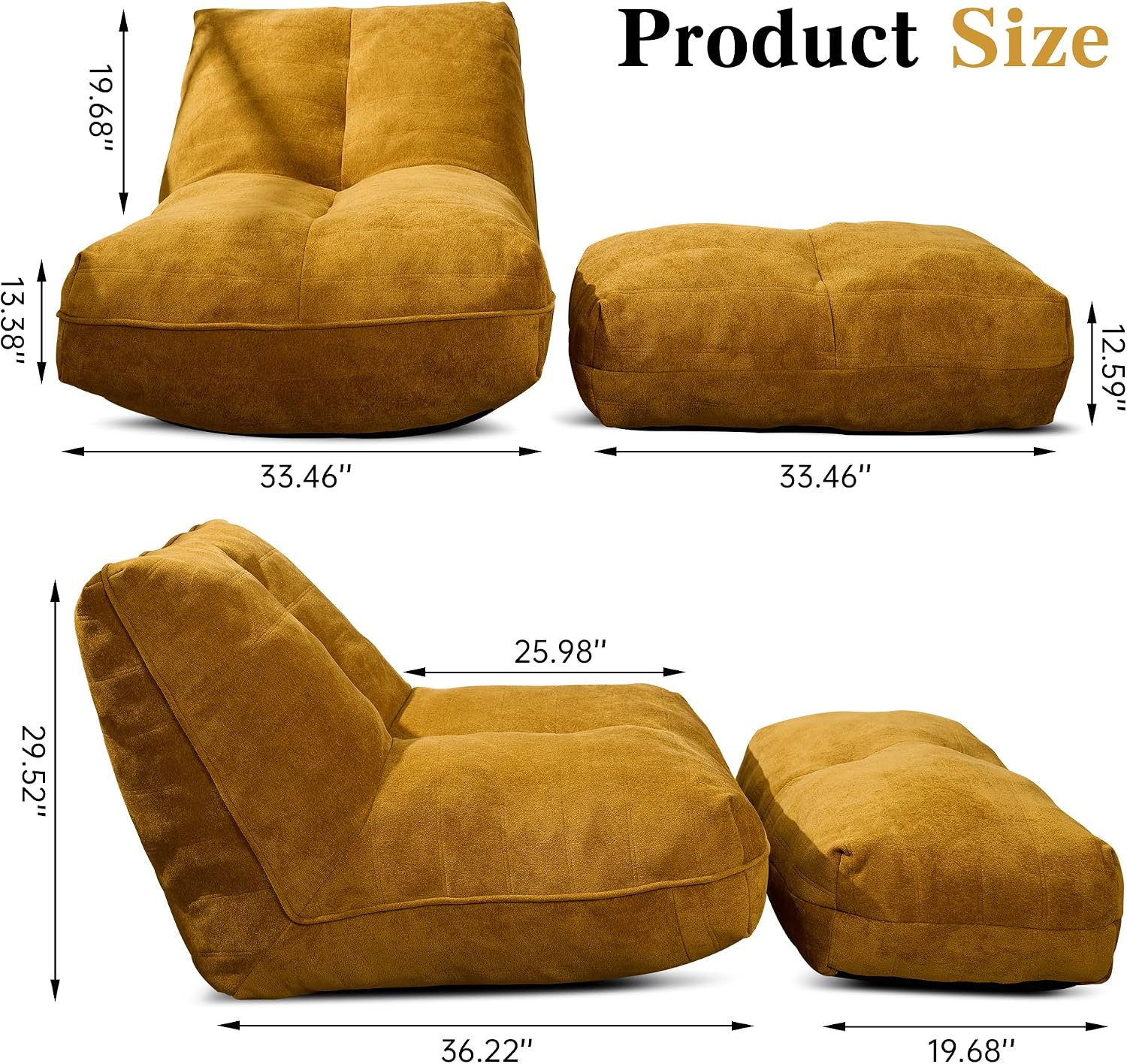Cvortll Bean Bag Chair with Ottoman, Comfy Bean Bag Sofa with Memory Foam, Lazy BeanBag Sofa with Footstool, Fireside Bean Bag Couch for Living Room, Bedroom, Apartment (Yellow)