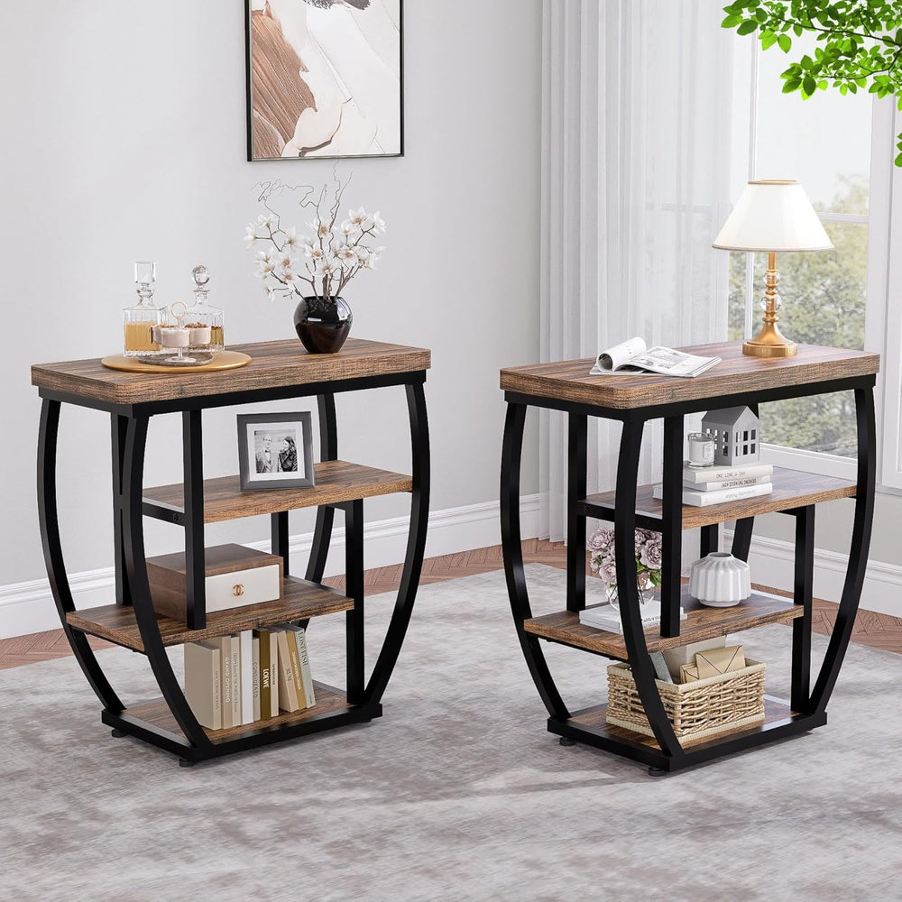 4-Tier End Table with Storage, Narrow Side Table for Living Room, Wood Sofa S...