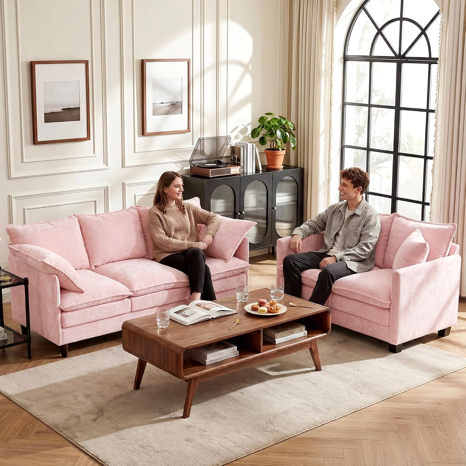 Loveseat Sofa Couch, Small Mini Compact 50" Love Seat 27" Deep Cloud Sofa Seat Washable Chenille Pillow for Apartment Bedroom Dorm Attic Studio Office Living Room Small Space 50-Pink