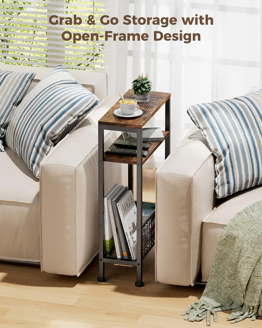 Karii Narrow Side Table, Skinny End Table for Small Spaces with Storage, 3-Ti...