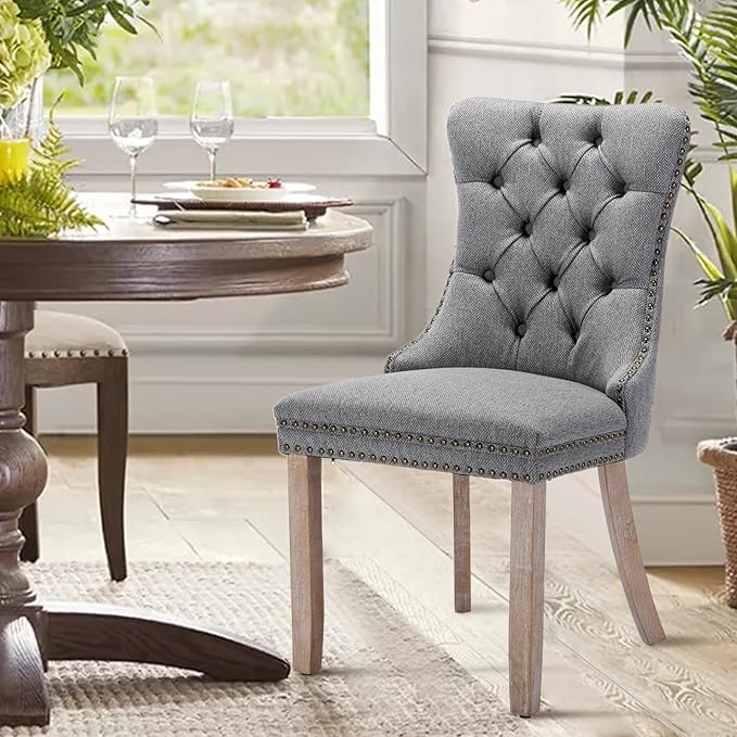 Linen Upholstered Dining Chairs Set of 4, Modern Style Kitchen Side Chairs with Nailhead Trim and Wood Leg, Metal Pulling Ring for Dining Room Living Room(Smoky Gray,Set of 4)