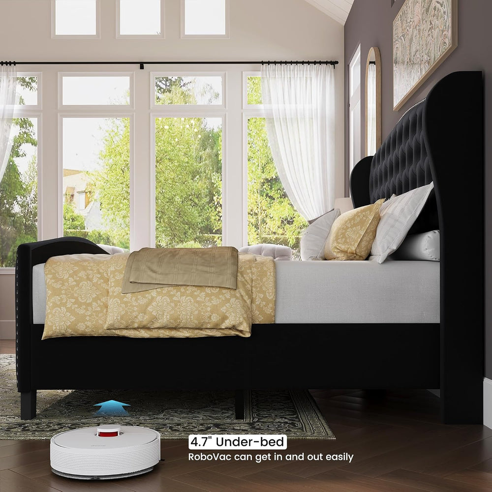 BRELTAM Upholstered King Size Bed Frame Velvet Black Tufted Platform Bed Fram...