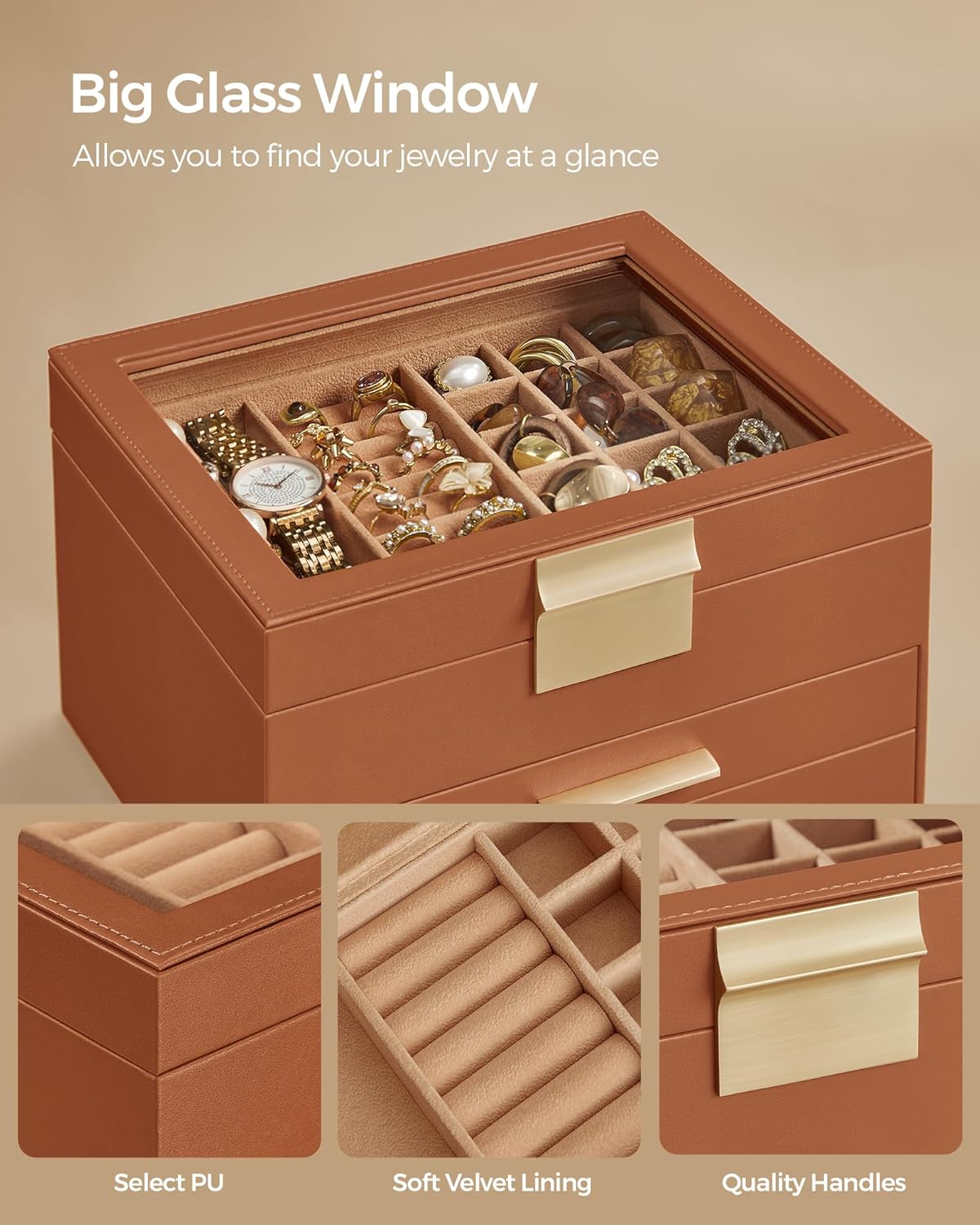 SONGMICS Jewelry Box Organizer with Glass Lid, 3-Layer Jewelry Storage, with 2 Drawers, Modern Style, Christmas Gift, 8 x 9.1 x 5.3 Inches, Caramel Brown and Gold Color UJBC239K01