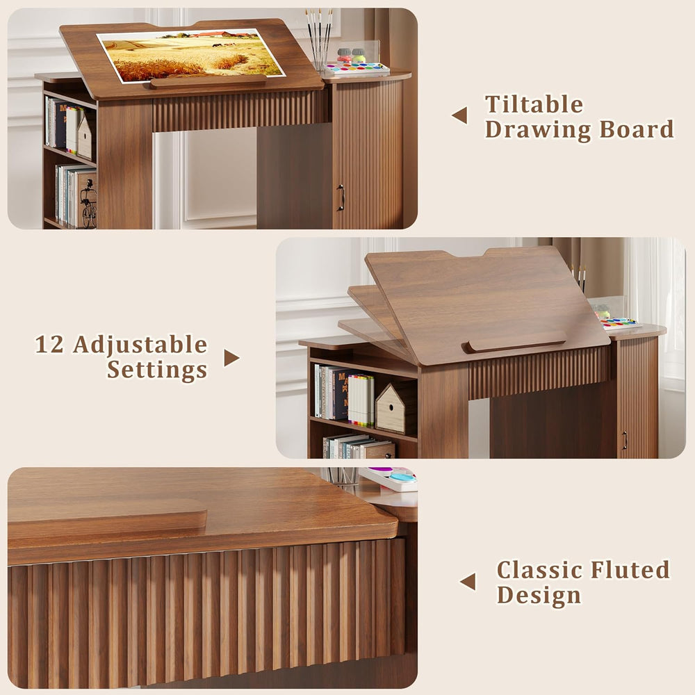 Drafting Table with Storage Cabinet & Drawers, Crafting Table with Open S...