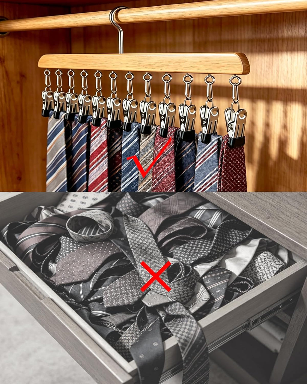 Closet Organizer with 10 Clips, 2 Pack Wooden Hanging Storage Hanger, Space Saving Multifunctional Rack for Ties, Scarves, Hats & Small Accessories