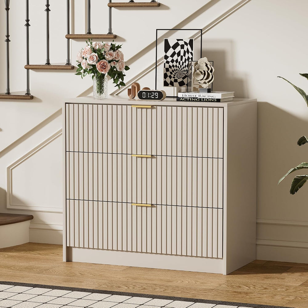 Beige 3 Drawer Modern Fluted Dresser for Bedroom with Gold Handles